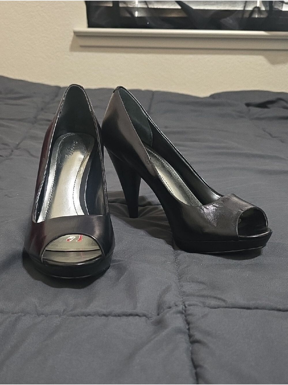 Style & Co Celine Black Leather Peep Toe Platform Pumps Heels 8.5M